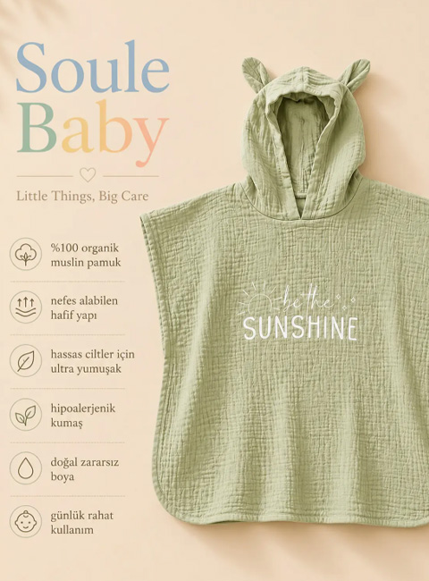 Soule Baby Organik Müslin Panço Havlu – Sunshine Nakışlı Somon Çocuk & Bebek Plaj Pançosu
