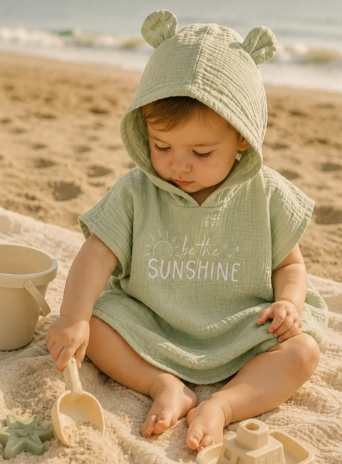 Soule Baby Organik Müslin Panço Havlu – Sunshine Nakışlı Somon Çocuk & Bebek Plaj Pançosu