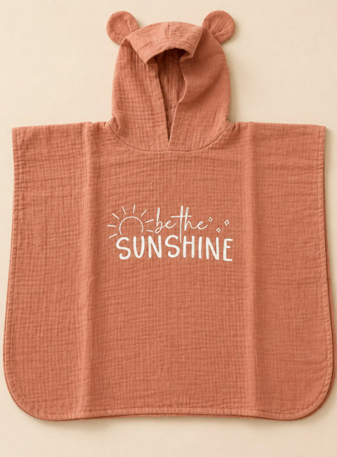 Soule Baby Organik Müslin Panço Havlu – Sunshine Nakışlı Somon Çocuk & Bebek Plaj Pançosu