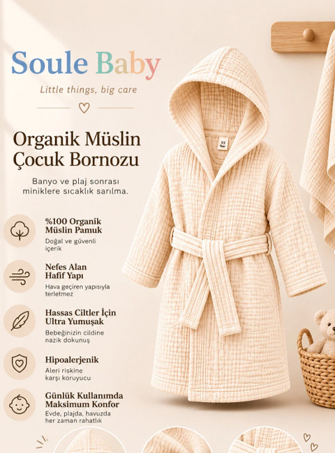 Soule Baby Organik 4 Kat Müslin 1-2 Yaş Çocuk Bornozu %100 Pamuk Kapüşonlu Yumuşak Bebek & Çocuk