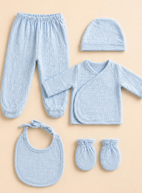 Soule Baby Premium %100 Pamuk Organik Müslin Nefes Alan 5’li Bebek Seti – Soft Mavi
