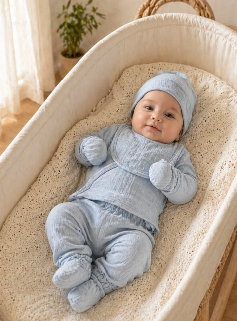 Soule Baby Premium %100 Pamuk Organik Müslin Nefes Alan 5’li Bebek Seti – Soft Mavi
