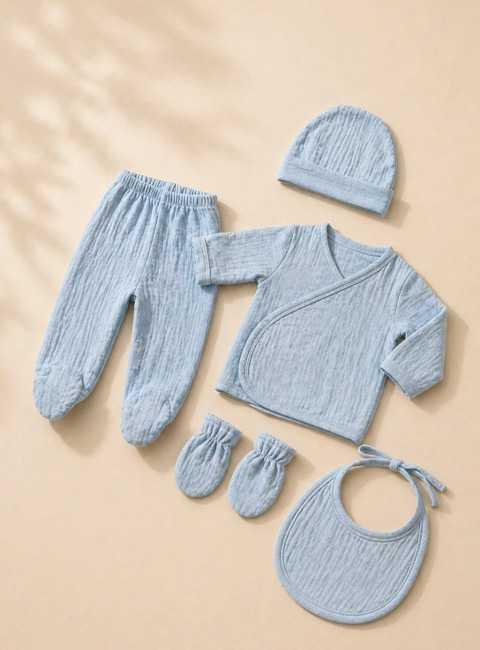 Soule Baby Premium %100 Pamuk Organik Müslin Nefes Alan 5’li Bebek Seti – Soft Mavi