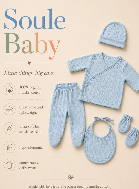 Soule Baby Premium %100 Pamuk Organik Müslin Nefes Alan 5’li Bebek Seti – Soft Mavi