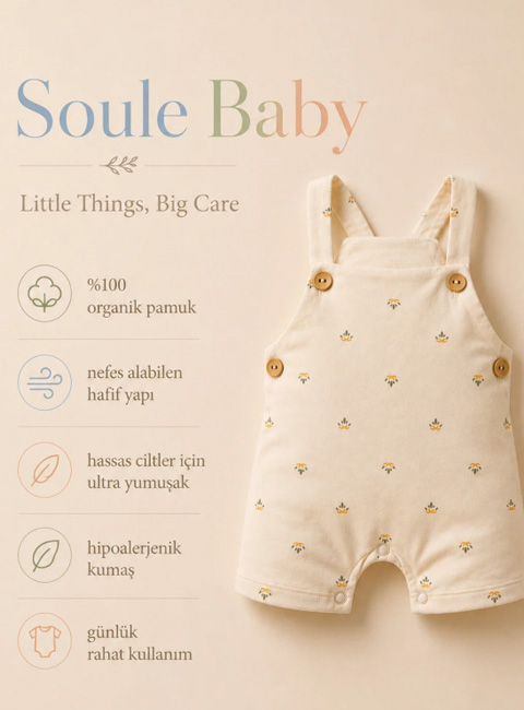 Soule Baby Organik Pamuklu Çiçek Desenli Askılı Bebek Tulum – Krem
