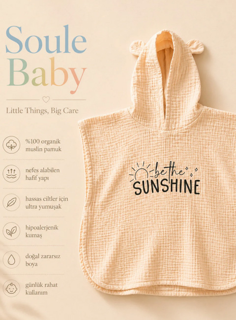 Soule Baby Organik Müslin Panço Havlu – Sunshine Nakışlı Somon Çocuk & Bebek Plaj Pançosu