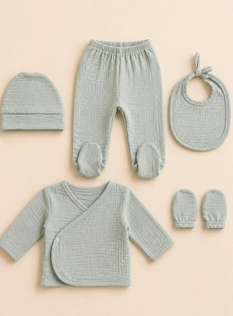 Soule Baby Premium %100 Pamuk Organik Müslin Nefes Alan 5’li Bebek Seti – Soft Mint
