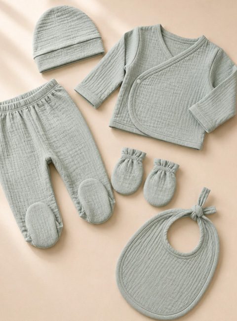 Soule Baby Premium %100 Pamuk Organik Müslin Nefes Alan 5’li Bebek Seti – Soft Mint