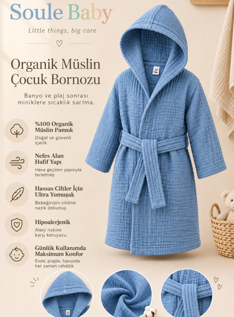 Soule Baby Organik 4 Kat Müslin 1-2 Yaş Çocuk Bornozu %100 Pamuk Kapüşonlu Yumuşak Bebek & Çocuk Bornozu