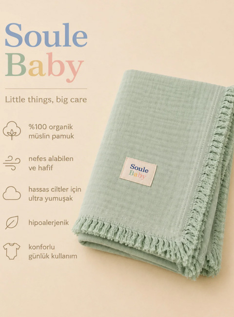Soule Baby 4 Katlı Premium Organik Müslin Bebek Battaniyesi 100x115 cm Mint Yeşil Püsküllü Örtü