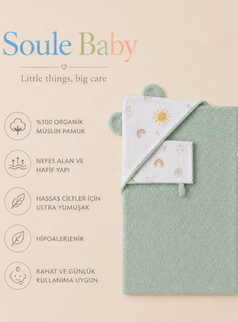 Soule Baby Organik Pamuk Kapüşonlu Bebek Havlusu ve Müslin Banyo Keseli 2'li Set – Çift Taraflı Banyo Havlusu Kundak