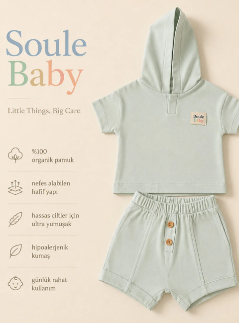 Soule Baby %100 Doğal Pamuk Kapüşonlu Bebek Takımı – Yumuşak ve Rahat 2’li Set