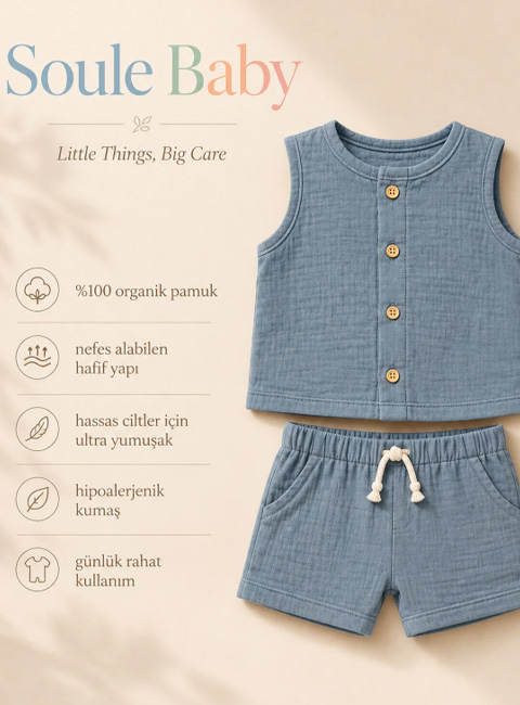 Soule Baby Terracotta Organik Müslin Bebek Takımı – Premium Yazlık 2’li Şortlu Takım